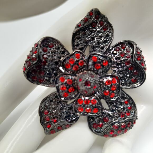 Vintage Red Rhinestone Black Metal Flower Brooch, 2" - Picture 1 of 10